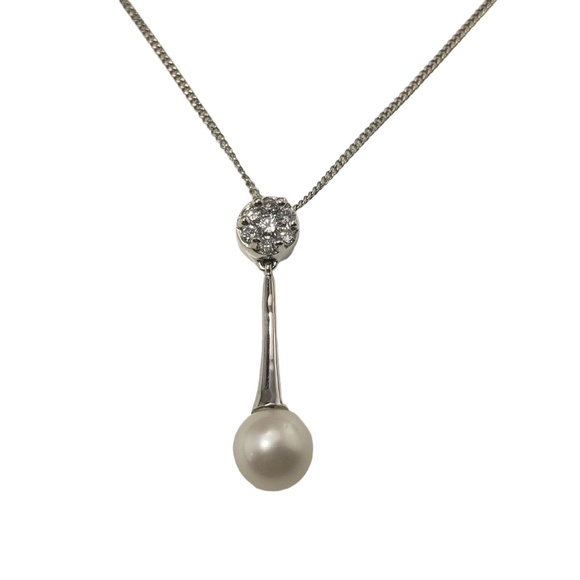 Vintage 14 Karat White Gold Pearl and Diamond Pendant Necklace #13088 - Picture 1 of 6